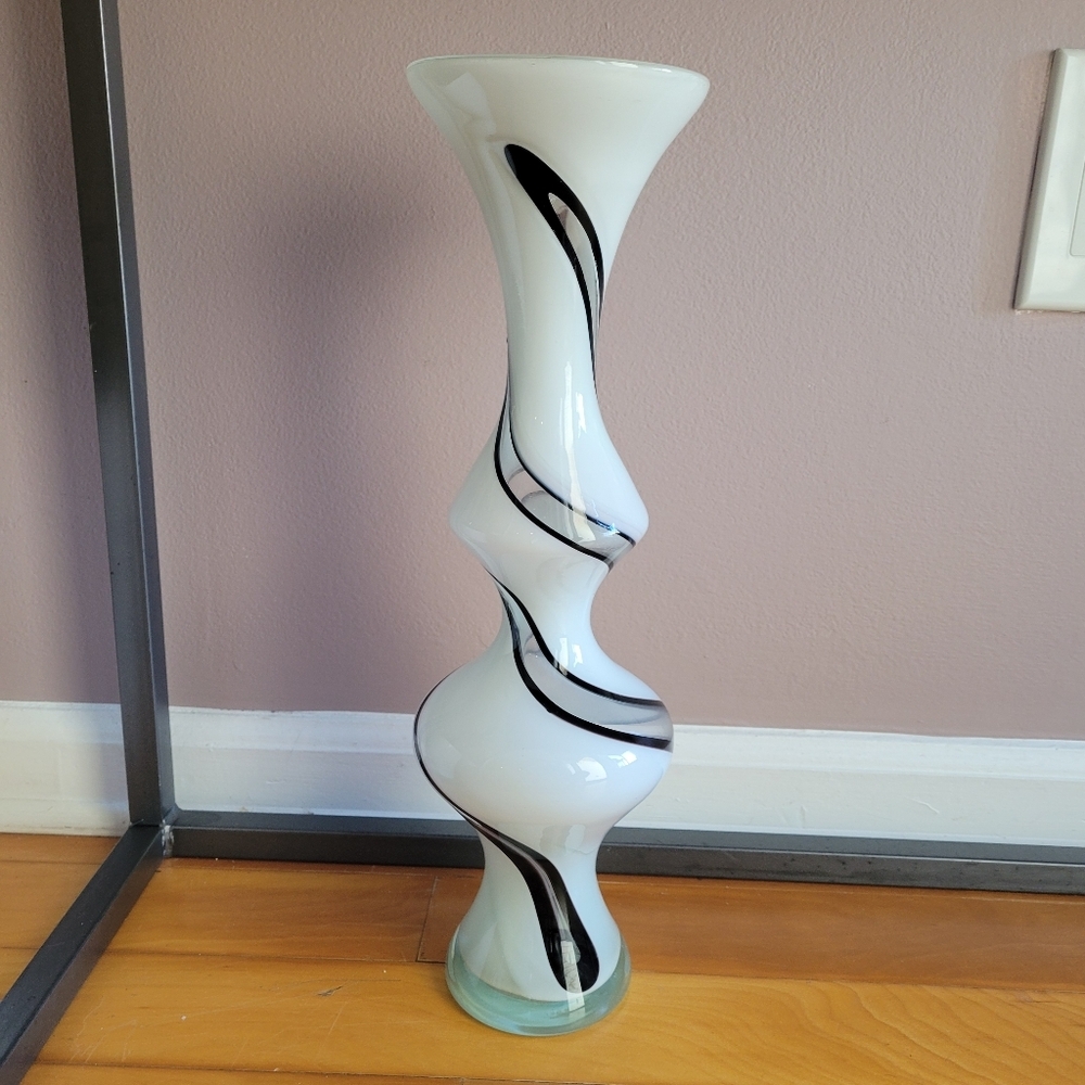 Large White and Black Swirl Glass Vase Black Clear Glass White 16.5" Tall Approx